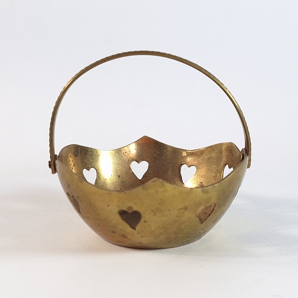 Vintage Indian Brass Basket with Heart Cutouts and Hinged Handle - Picture 1 of 8
